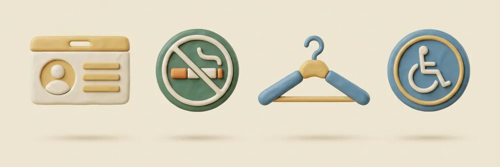 Clay icons of a blank photo ID card, a no-smoking sign, a coat hanger and a wheelchair symbol
