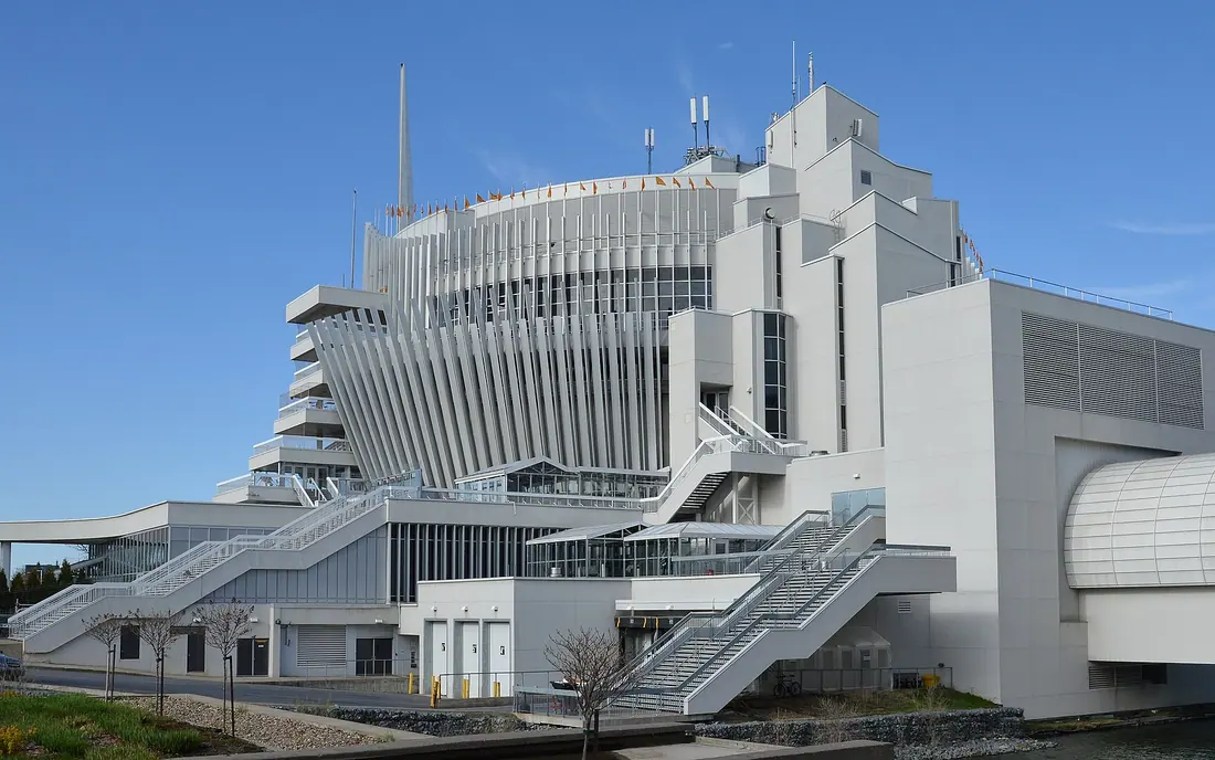 Casino de Montréal on Île Notre-Dame: the ribbed former French pavilion of Expo 67 with its outdoor stairways, under a clear sky